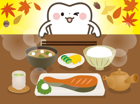 秋鮭の定食と歯のイラスト